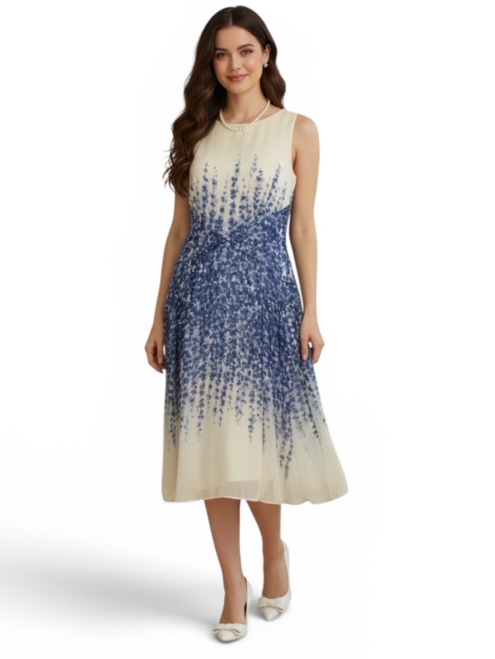 Hobbs London 100% Silk White Trailing Blue Delphinium Floral Midi Dress US 4 - Picture 6 of 13